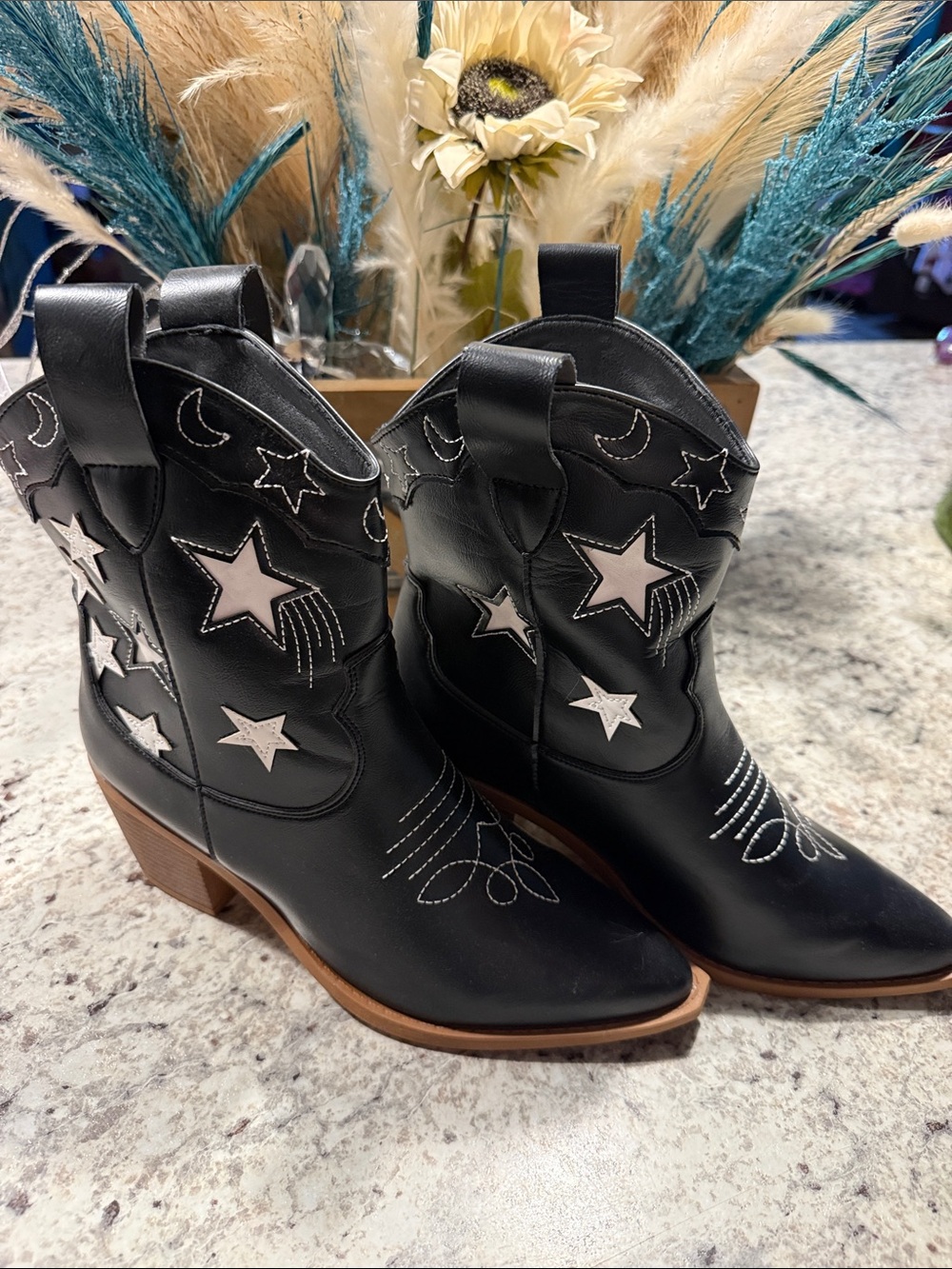 Black Western Star Patch Ankle Boots